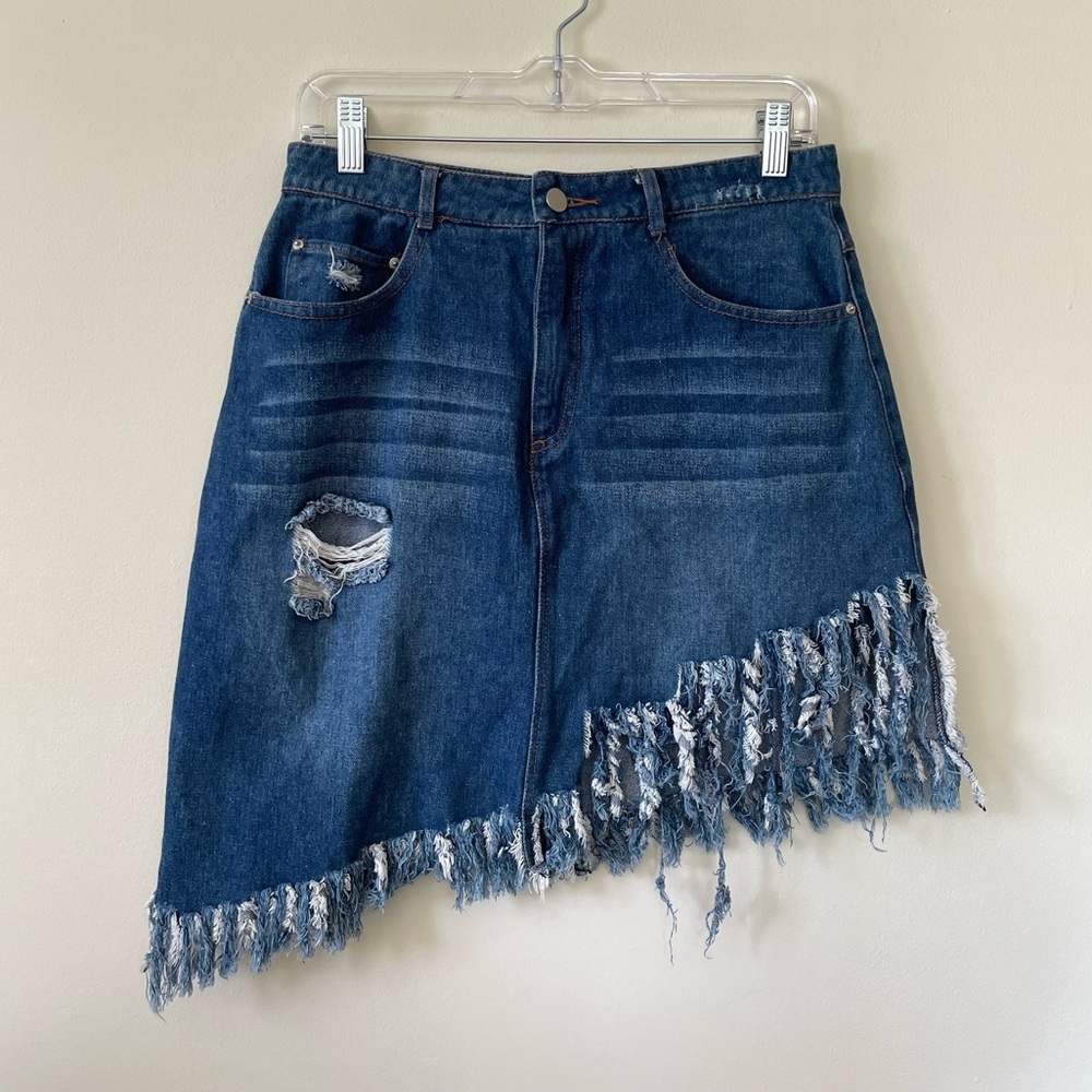 Y2K Asymmetrical Distressed Destroyed Hem Jean Mini Skirt Size Medium